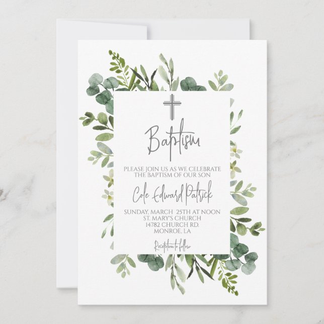 Inbjudan till vattenfärgsgrön baptism (Framsida)