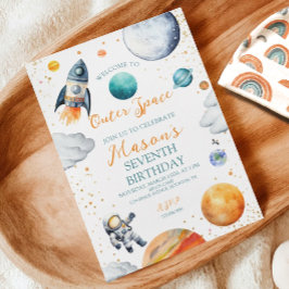Inbjudan till vattenfärgsrymden Galaxy Birthday Bi