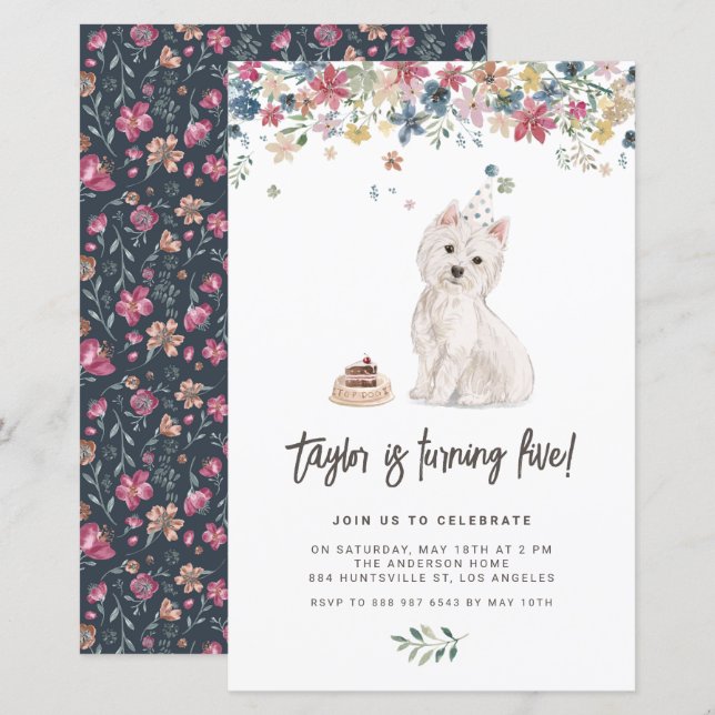 Inbjudan till vattenfärgsvecket Westie Hund Birthd (Fram/baksida)