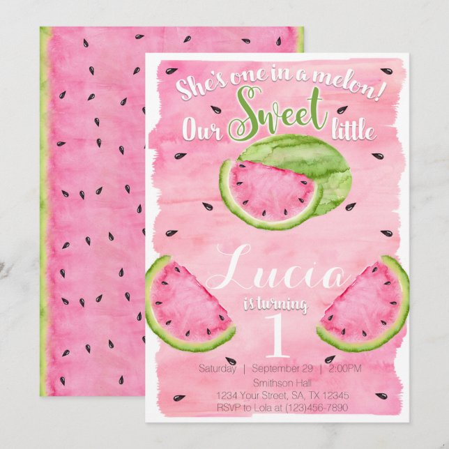 Inbjudan till vattenmelon-födelsedagsinbjudning (Fram/baksida)