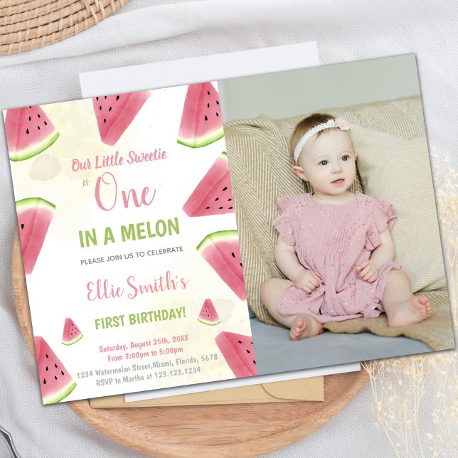 Inbjudan till vattenmelonfödelsedag 1:a födelsedag (1st Birthday Watermelon Birthday Invitations photo)