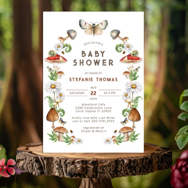 Inbjudan till Vattenskärtskockor för babyskor | Wo (Woodland Mushroom Baby Shower Invitation )
