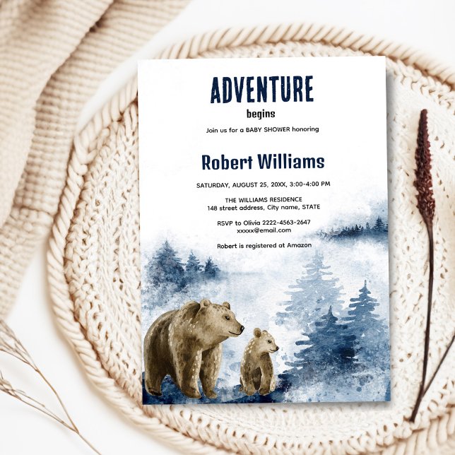 Inbjudan till vattenskog i mor och baby (Watercolor foggy forest blue baby shower invitation )
