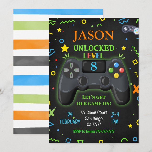 Inbjudan till videospel på födelsedagen (Fram/baksida)