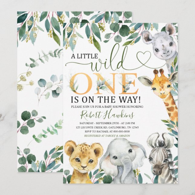 Inbjudan till vild en jungle Baby Shower (Fram/baksida)