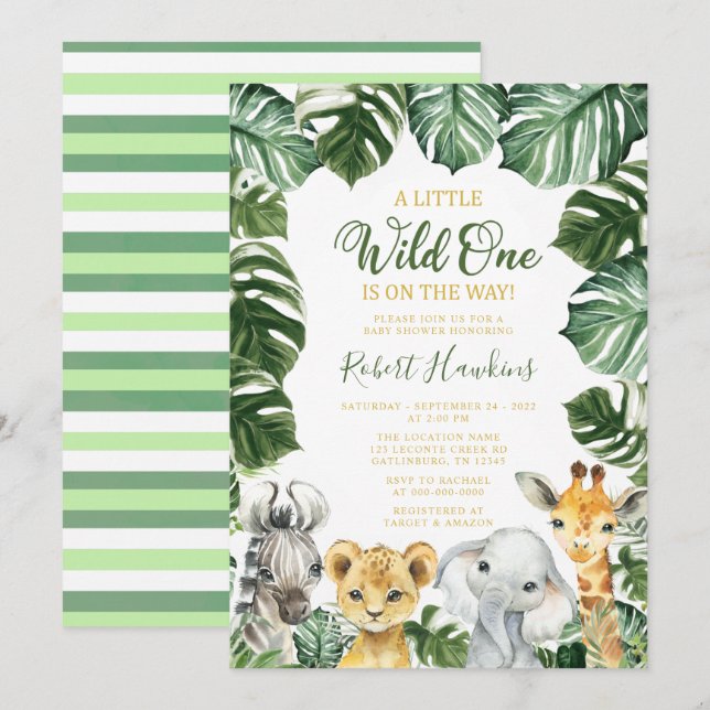 Inbjudan till vild ett Safari Animal Baby Shower (Fram/baksida)