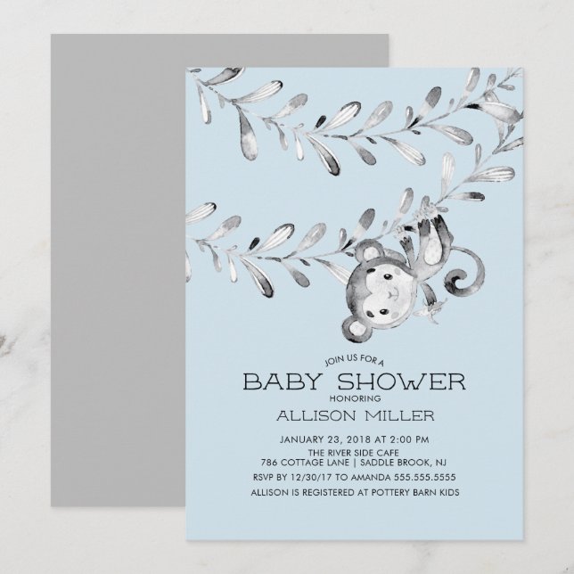 Inbjudan till vild Little Monkey Baby Shower (Fram/baksida)