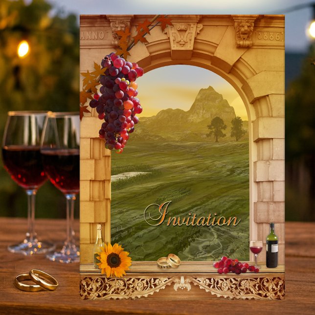 Inbjudan till vingård för bröllopsbröllop (Italian vineyard wedding invitation with a Roman arch, grapes and wine)