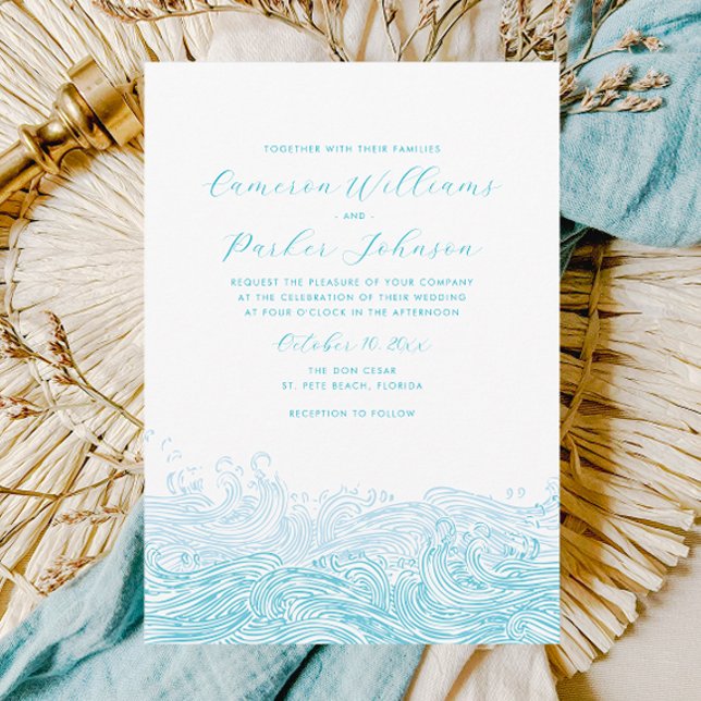 Inbjudan till Vinkara badbröllop i Aqua Blue Ocean (Ocean Waves Beach Wedding Invitation for a Modern Aqua Blue Coastal Wedding by Concertina Press)