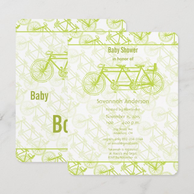 Inbjudan till vintage Bicycle Baby Shower (Fram/baksida)