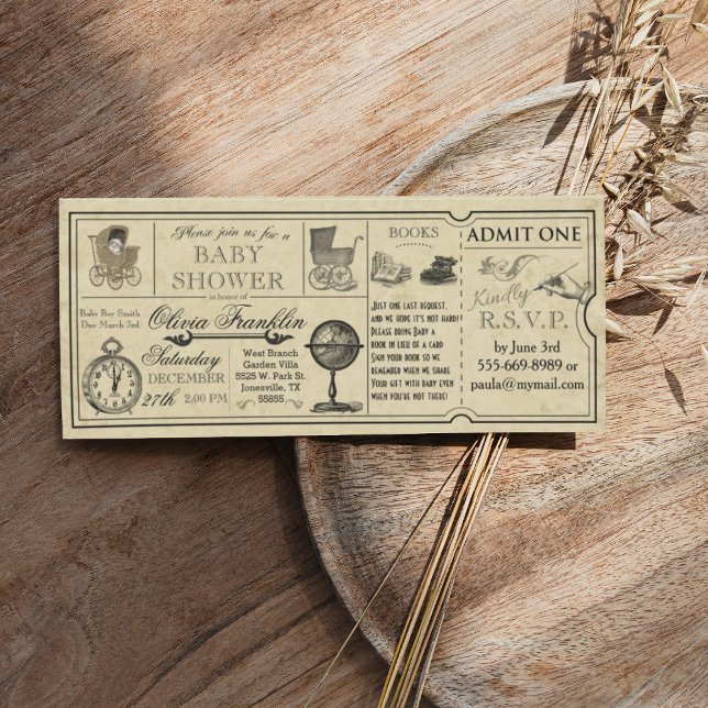 Inbjudan till vintage Biljett Baby Shower (Vintage ticket wedding invitation with globe carriage clock)