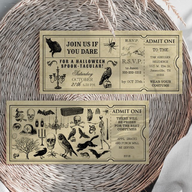 Inbjudan till vintage Biljett Halloween fest (Vintage Ticket Halloween Party Invitation Front and Back)
