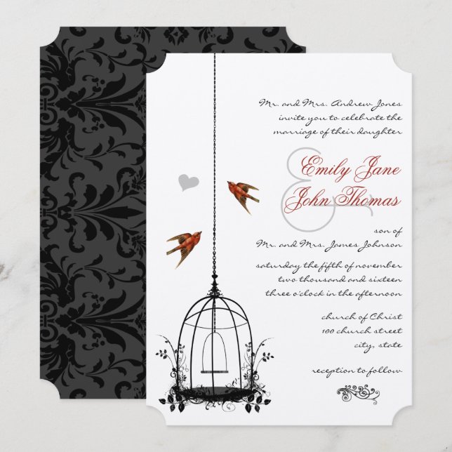 Inbjudan till vintage BirdCage Red Love Bird Weddi (Fram/baksida)