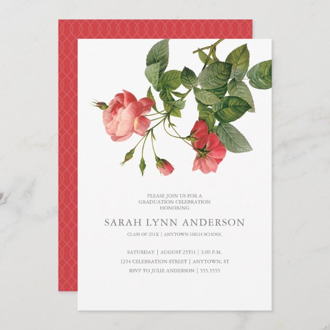 Inbjudan till Vintage Blommigt Rosa Studenten (Fram/baksida)