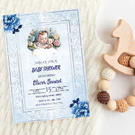 Inbjudan till vintage Blue Blommigt Baby Shower