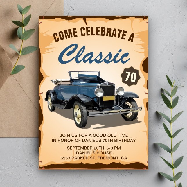 Inbjudan till vintage Blue Car Classic Birthday Bi (Skapare uppladdad)