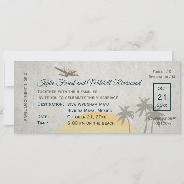 Inbjudan till vintage Boarding Pass Wedding (Framsida)