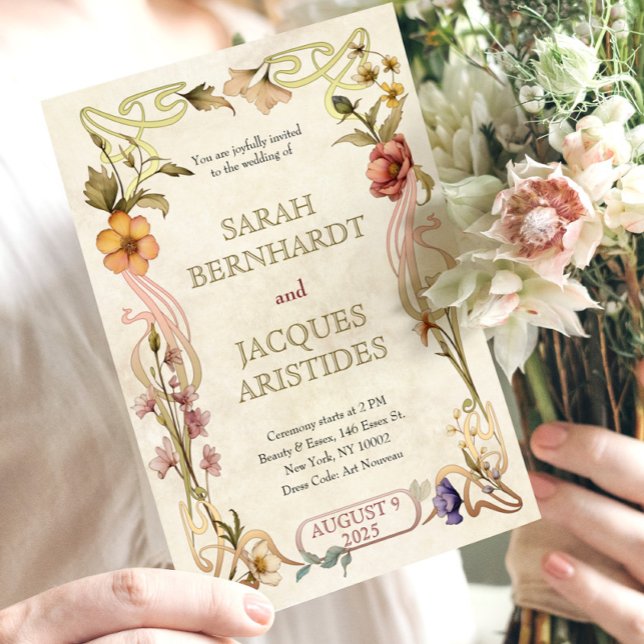 Inbjudan till vintage bröllop Art nouveau Deco (Retro Wedding Invitation with Art Nouveau Floral Frame. Antique Wedding Invite Template)