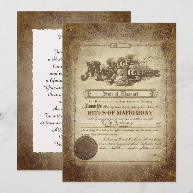 Inbjudan till Vintage bröllop-certifikat (Fram/baksida)