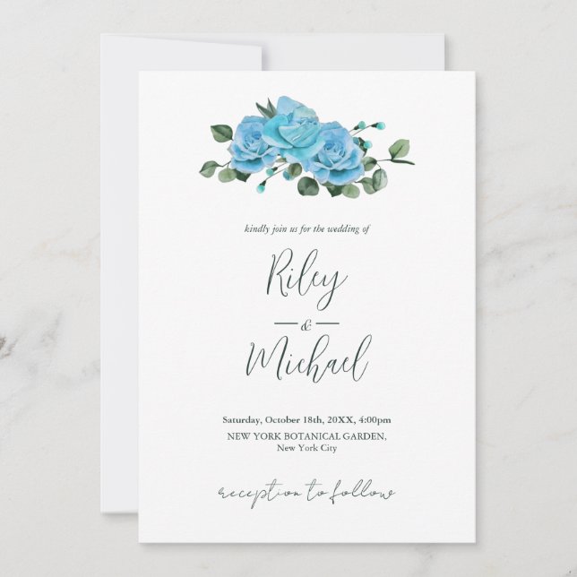Inbjudan till vintage bröllop Flowers Rustic Blue  (Framsida)