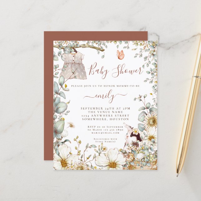 Inbjudan till Vintage Bunny Girl Baby Shower (Fram/Back In Situ)