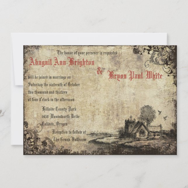 Inbjudan till vintage Church Red Vintage bröllop (Framsida)