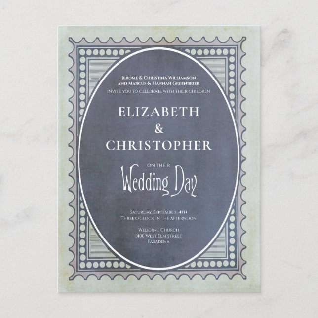 Inbjudan till vintage efter Frimärke-Bröllopsdag (Framsida)