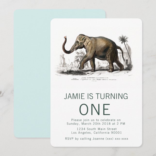 Inbjudan till vintage Elephant Birthday (Fram/baksida)