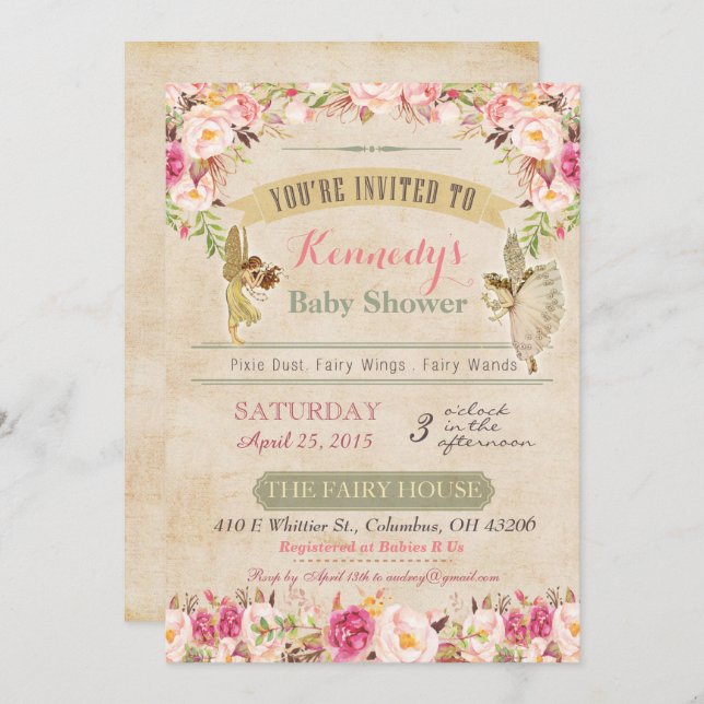 Inbjudan till vintage Fairy Baby Shower (Fram/baksida)