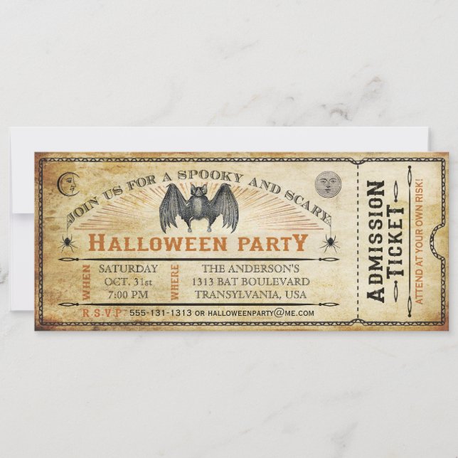 Inbjudan till vintage Fladdermus Halloween Biljett (Framsida)