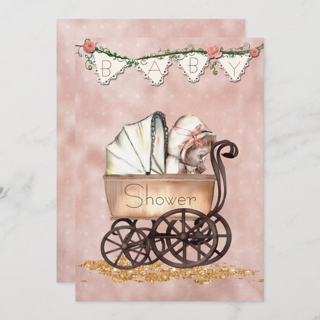 Inbjudan till vintage Flicka Baby Shower (Fram/baksida)