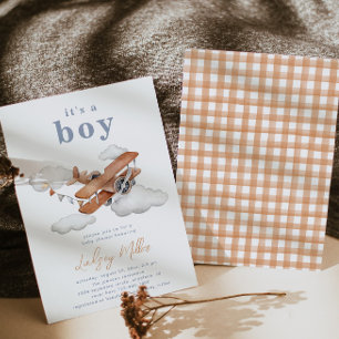Inbjudan till vintage Flygplan Baby Shower POJKE