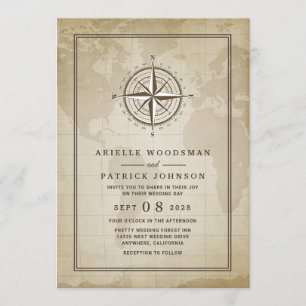 Inbjudan till vintage Globe Nautical Compass Weddi