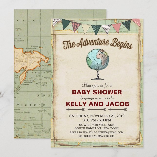 Inbjudan till vintage Globe Travel Baby Shower (Fram/baksida)