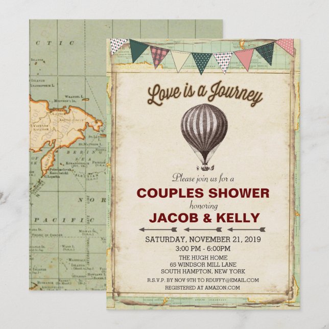 Inbjudan till vintage Luftballong Par Shower (Fram/baksida)