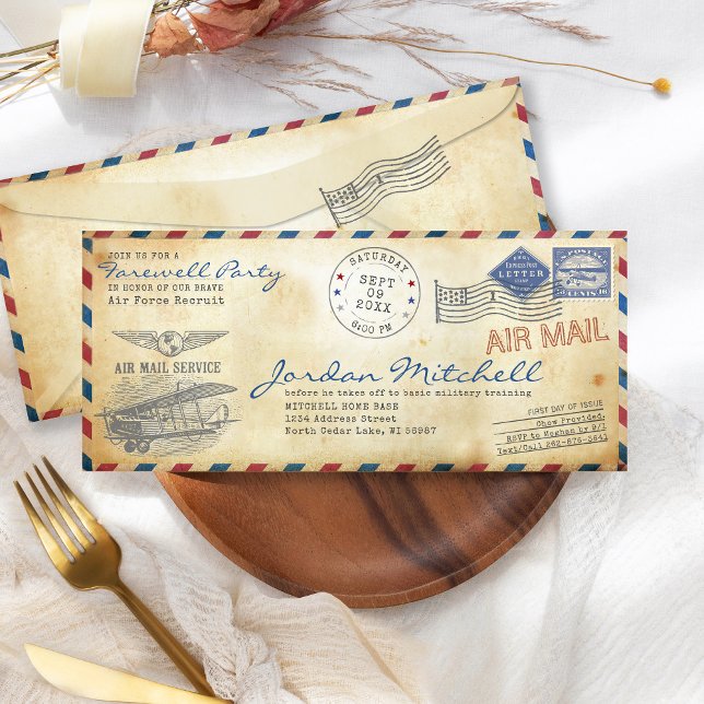 Inbjudan till vintage Mail Militär Farewell Party (Vintage Air Mail Military Rustic Going Away Party Farewell Party Invitation, Air Force Graduation )