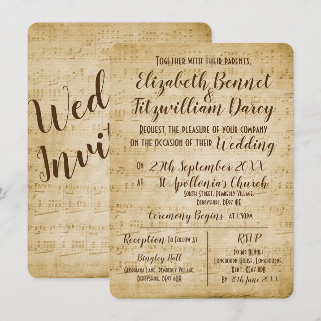 Inbjudan till vintage Music Wedding (Fram/baksida)
