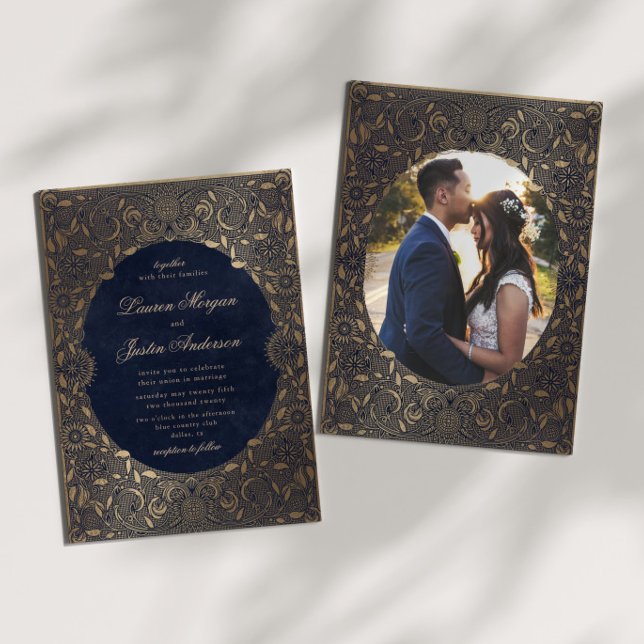 Inbjudan till vintage Ornament Guld Photo Wedding (Skapare uppladdad)