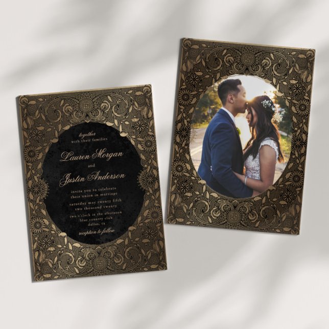 Inbjudan till vintage Ornament Guld Photo Wedding (Skapare uppladdad)