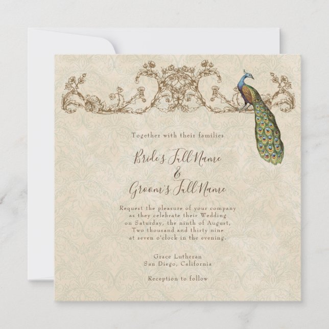 Inbjudan till vintage Peacock & Etchings bröllop (Framsida)