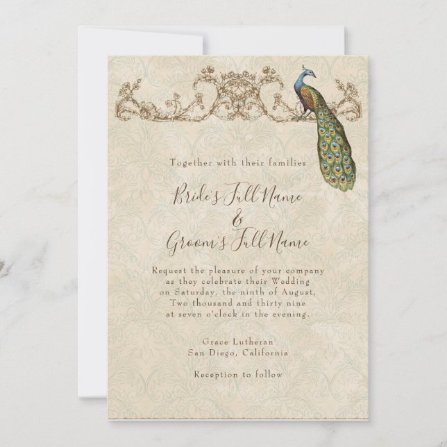 Inbjudan till vintage Peacock & Etchings bröllop (Framsida)