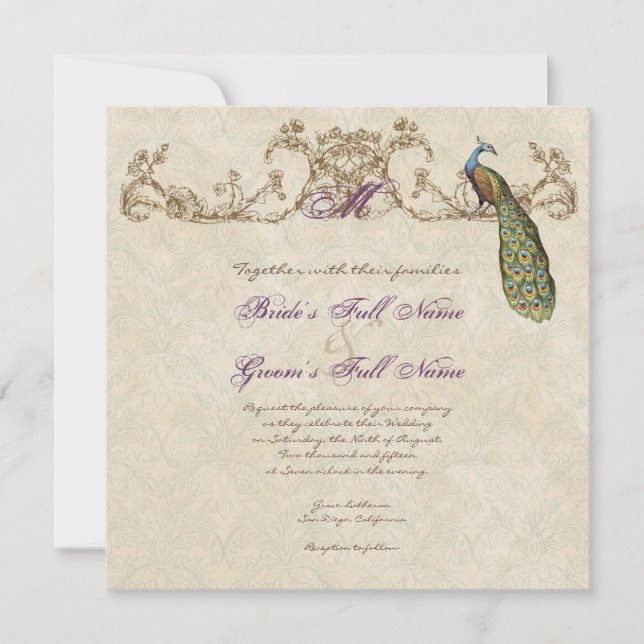 Inbjudan till vintage Peacock & Etchings bröllop (Framsida)