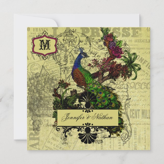 Inbjudan till vintage Peacock Square bröllop (Framsida)