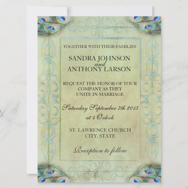 Inbjudan till vintage Peacock Wedding (Framsida)