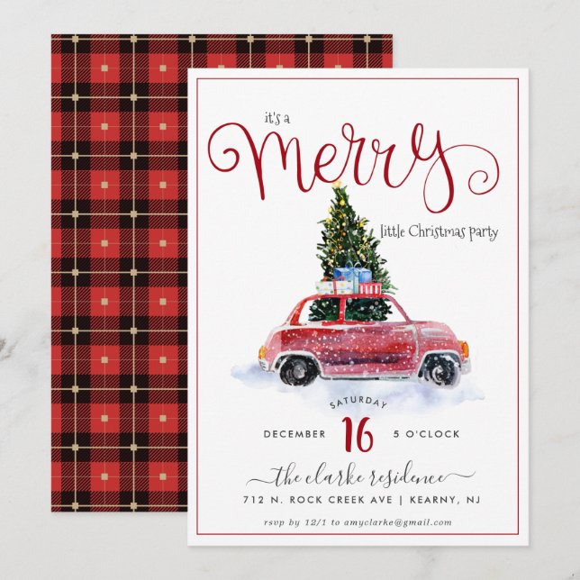 Inbjudan till vintage Red Car med Julgran (Fram/baksida)