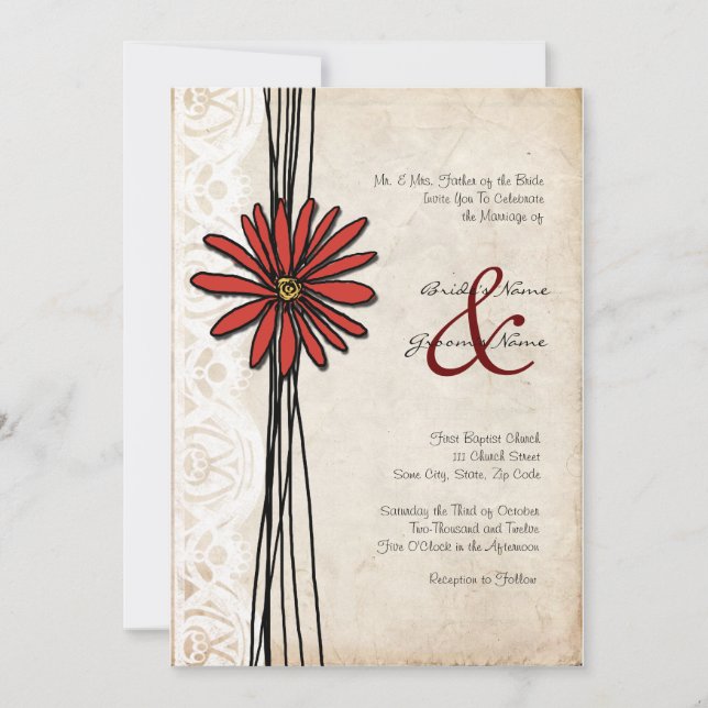 Inbjudan till vintage Red Daisy Wedding (Framsida)