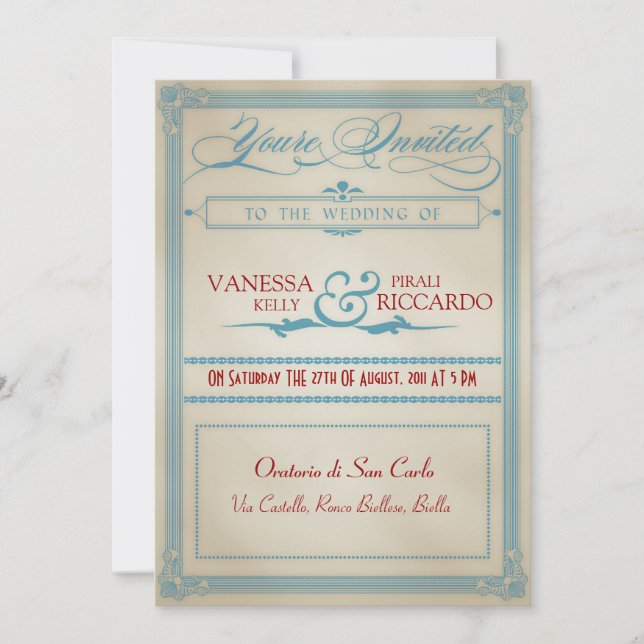 Inbjudan till vintage Red White & Blue Wedding (Framsida)