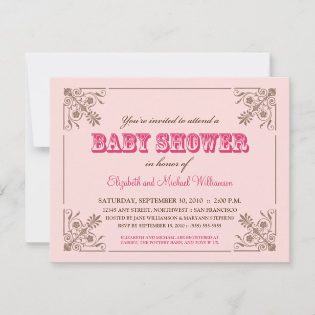 Inbjudan till Vintage Rosa Baby Shower (Framsida)