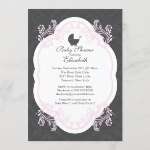 Inbjudan till Vintage Rosa Damask Girls Baby Showe