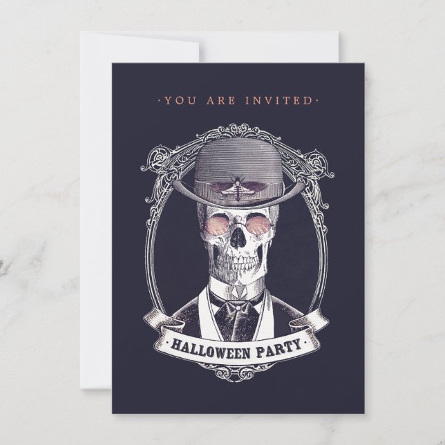 Inbjudan till vintage Skull Skeleton Halloween fes (Framsida)